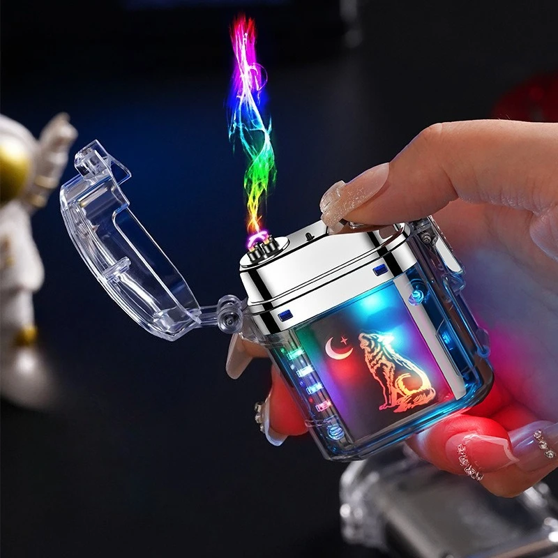 

New Creative Waterproof Transparent Cool Color Light Double Arc Windproof Lighter Laser Printed Logo Outdoor Camping Lighter