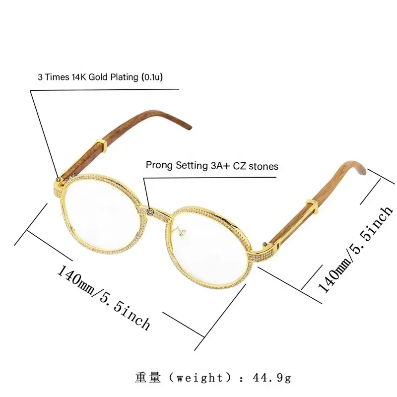 2021 Vintage Round Cubic Zirconia Sunglasses New Luxury Men Women Oval Crystal Wood Glasses Fashion Eyewear Hip Hop Jewelry