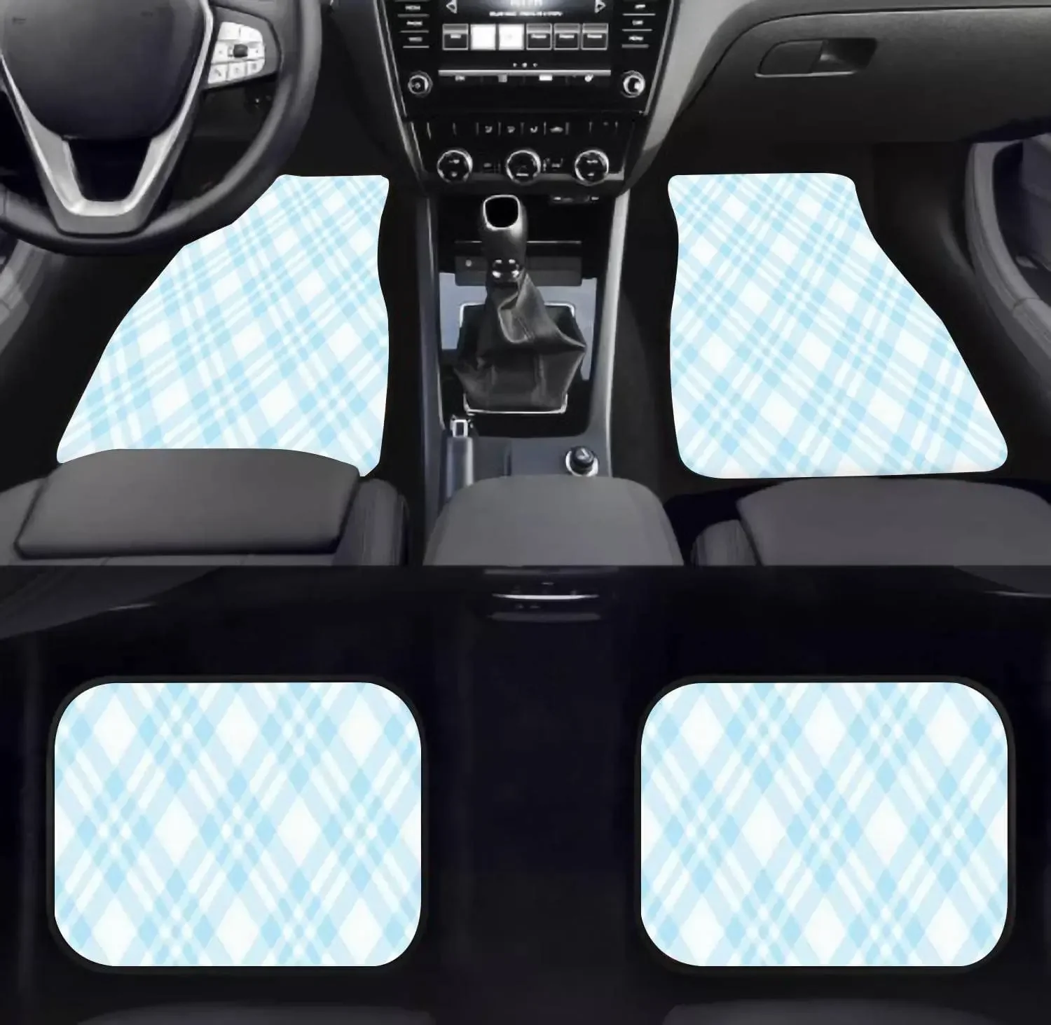 Car Floor Mats - Checkered tablecloths Endlessly Light Blue Carpet Floor Mats for Cars, Anti Slip Rubber Auto Interior Decor