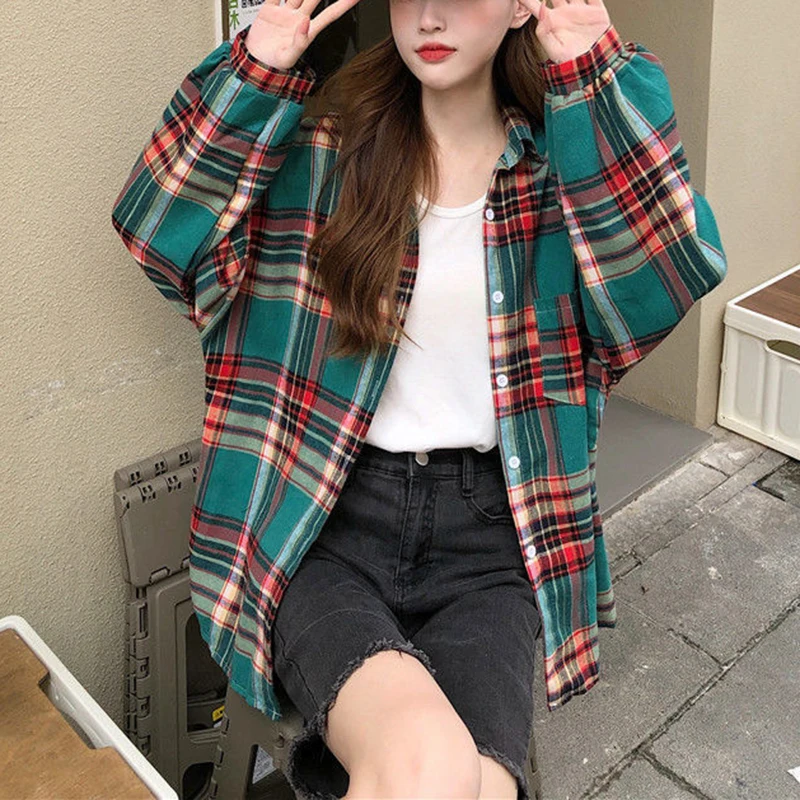 Camicia scozzese verde da donna Camicia abbottonata con colletto a maniche lunghe Camicetta Top da donna Camicie a quadri casual larghe per adolescenti