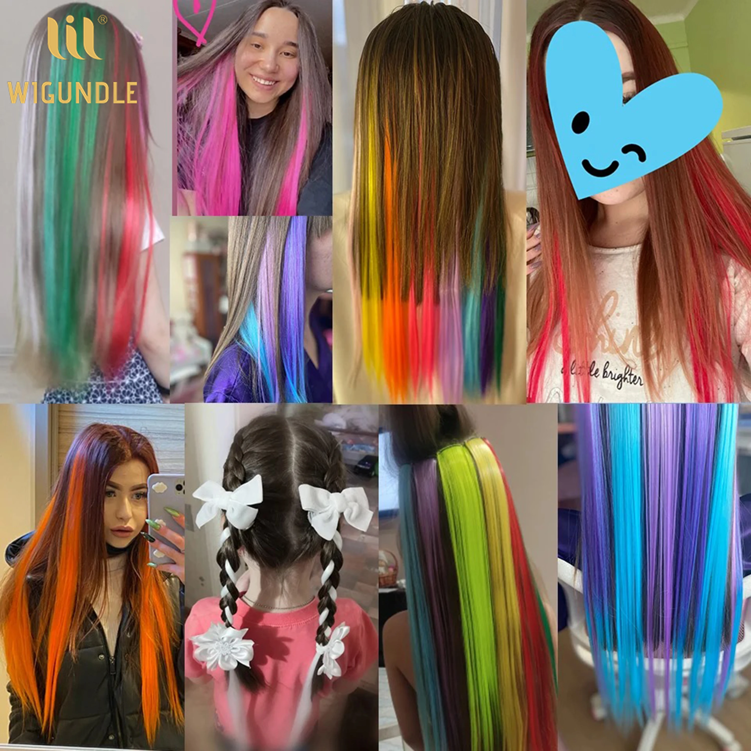 Extensiones de cabello sintético liso de 22 pulgadas, pelo falso con Clip ombré, rosa, morado y amarillo, Color arcoíris, resistente al calor