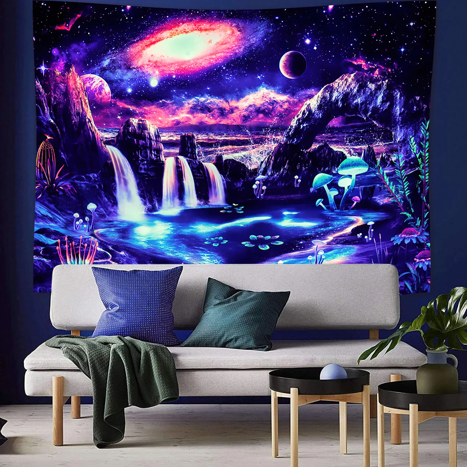 Neon Blacklight Tapestry Fantasy Mountain Waterfall Tapestries,Galaxy UV Reactive Backdrop for Artful Wall Hanging & Home Décor