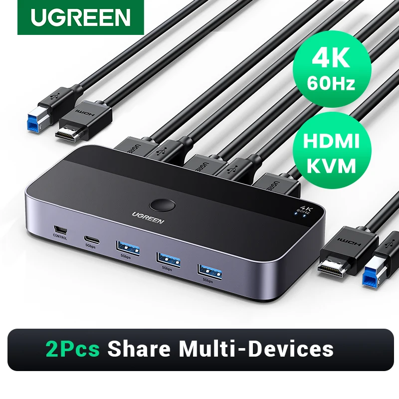 KVM-переключатель UGREEN 4K @ 60 Гц HDMI, KVM-переключатель USB3.0, 2 шт., совместное использование 1 монитора, принтера, клавиатуры, мыши, с