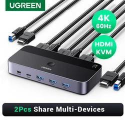 KVM-переключатель UGREEN 4K @ 60 Гц HDMI, KVM-переключатель USB3.0, 2 шт., совместное использование 1 монитора, принтера, клавиатуры, мыши, с поддержкой 3D ,HDR-видения