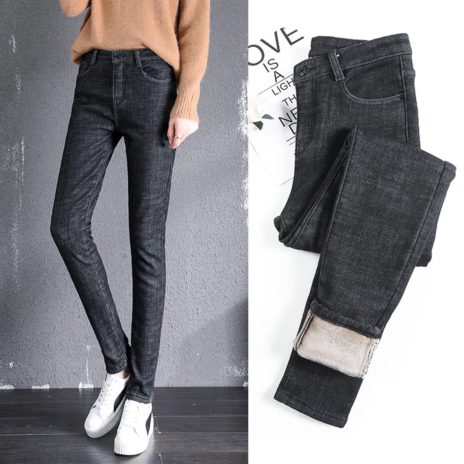 

High Waist Skin Tight Pencil Jeans For Womens Vintage Elastic Slim Korean Legging Jeans Button Fly Skinny Denim Pants Thick Warm