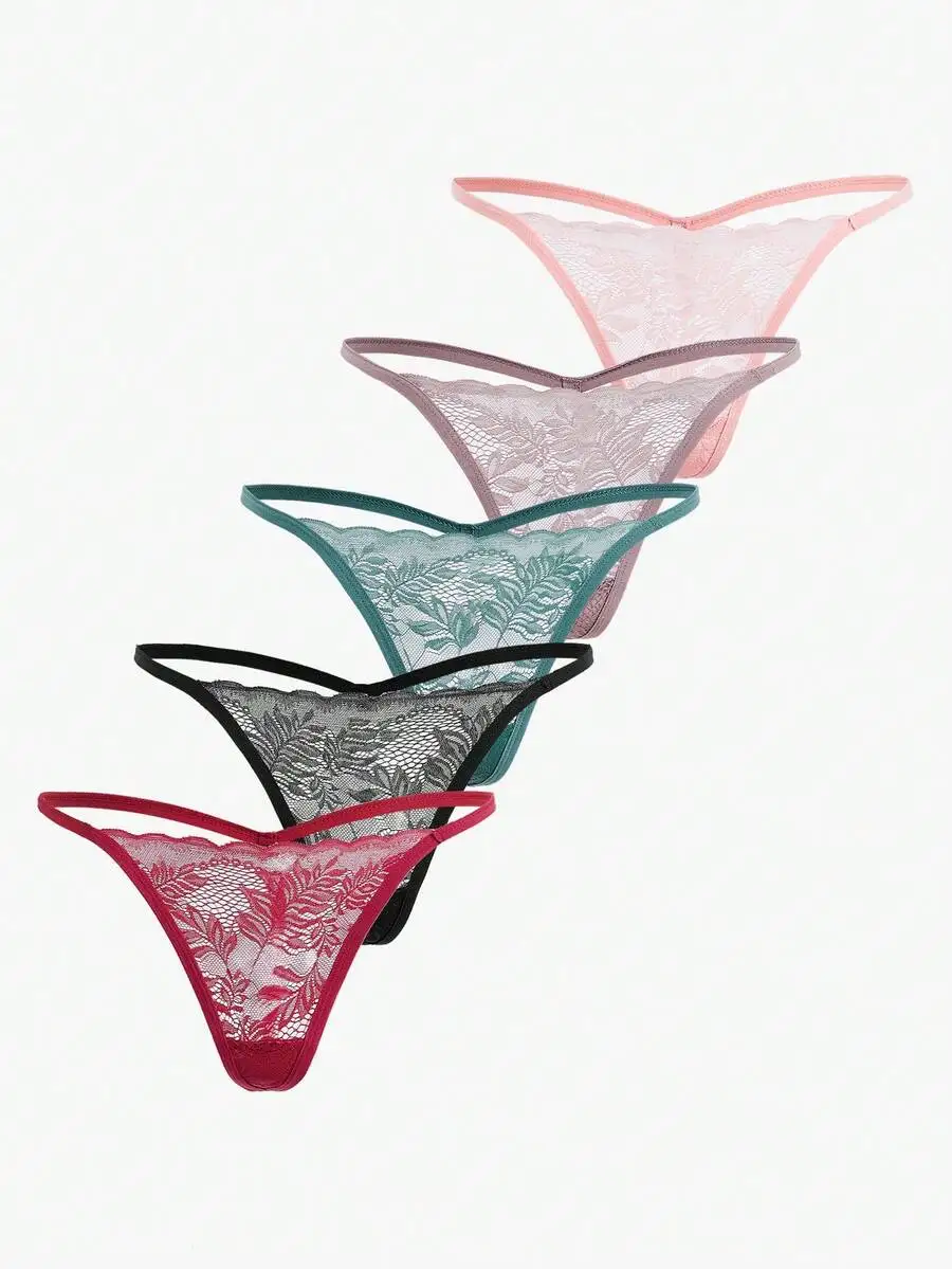 

5pcs Women Lace Floral Pattern Thong Panties Narrow Waistband Solid Color