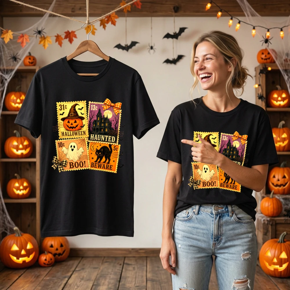Cute Vintage Halloween Postage Stamp T Shirt Women Spooky Ghost Pumpkin Print Short Sleeve Autumn Casual Tops Women Clothing