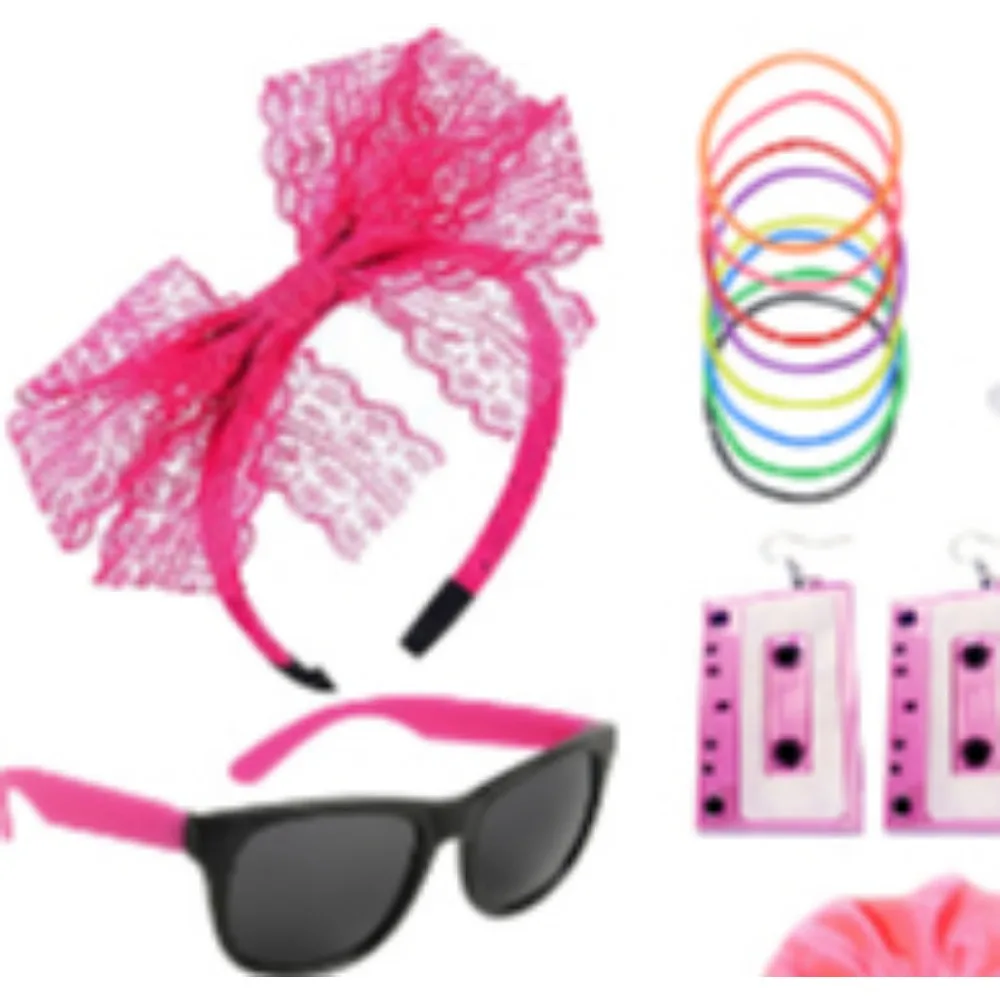 80\'s Head Button Glasses Earrings Bracelet Velvet Sash Gloves Kneepad Fanny Pack T-Shirt Skirt Bead Chain 11 Piece Set