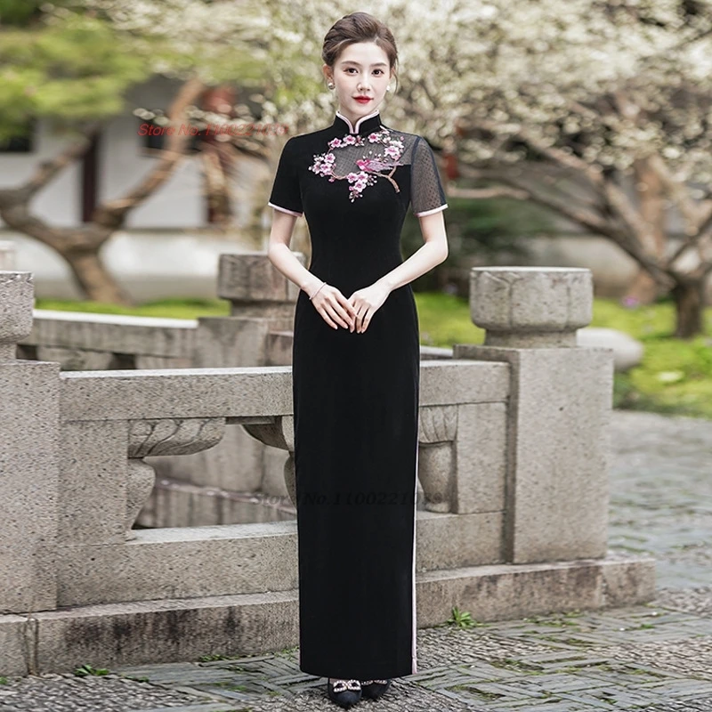 2025年 中国風 ヴィンテージドレス ベルベット袍 伝統的な花柄刺繍 チャイナドレス 改良型袍 レトロ 宴会 イブニングドレス 袍