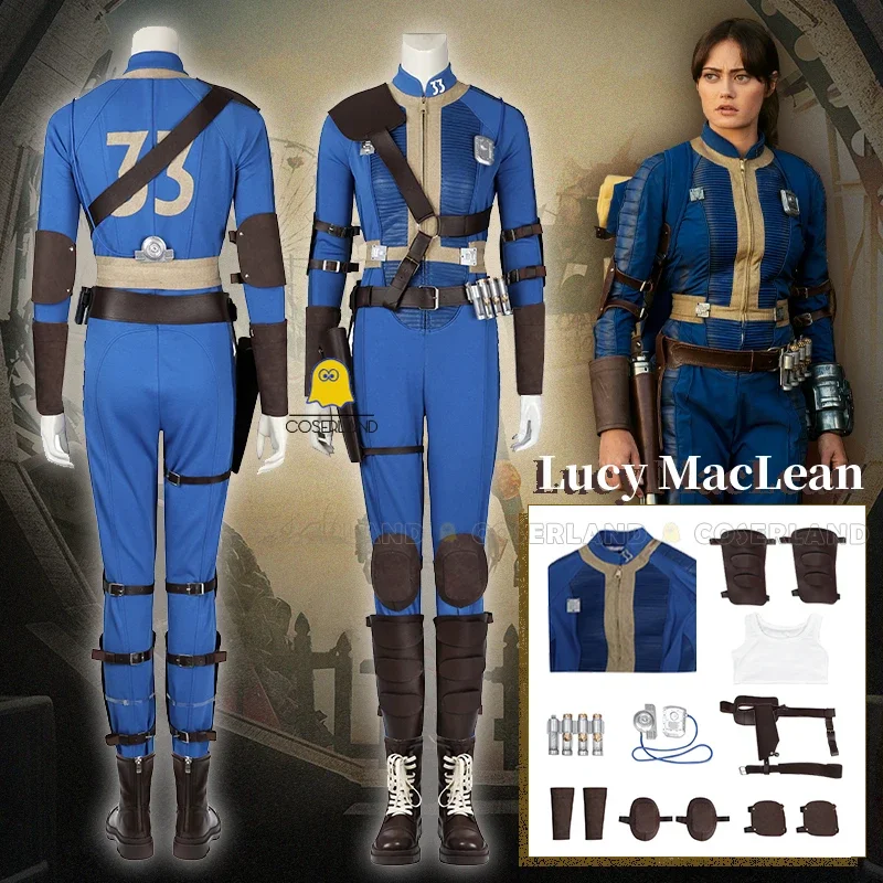 Female Lucy Cosplay Jumpsuit Fall Cos Out Costume Vault 33 Blue Uniform Arm Props Halloween Party Women Roleplay Suit Accessory