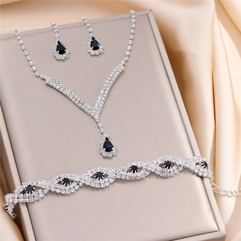 3 Pcs Luxury Rhinestone Bride Jewelry Set for Women Black Water Drop Crystal Earrings Wedding V Necklace Eye Bracelet Fashion