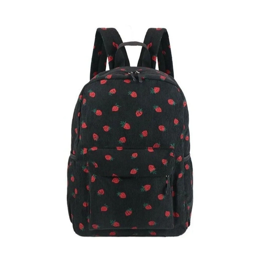 Strawberry Corduroy Backpack Solid Color Large Capacity Students School Bag Lightweight Portable Students Daypack Travel