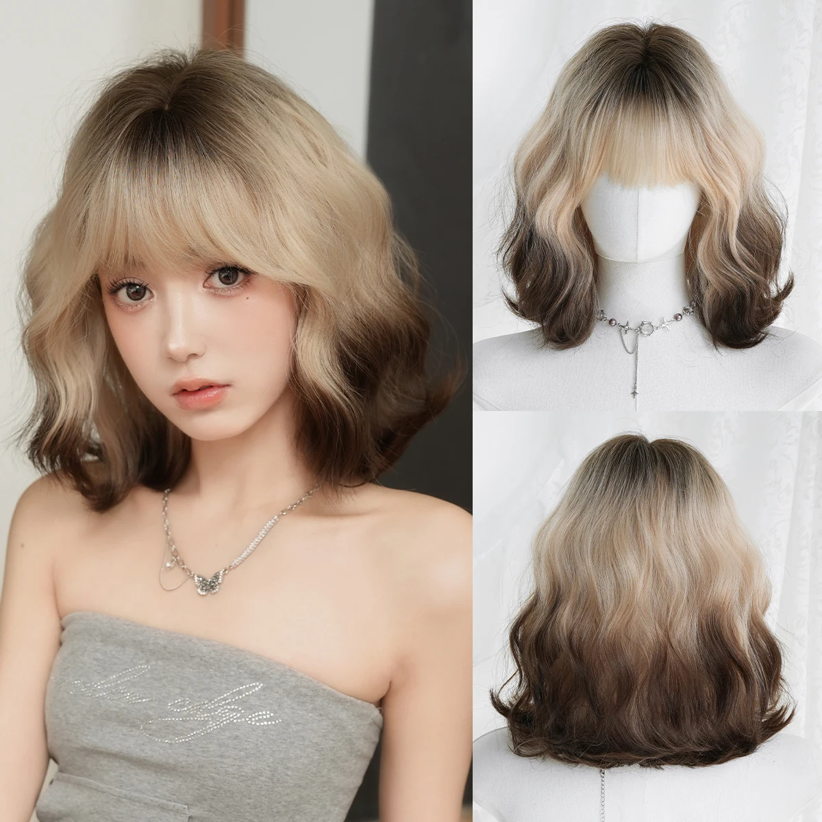 7JHH WIGS Kurze Wasserwellen-Perücke Schwarz Ombre Blond für Damen Synthetische Mehrschichtige Modische Wear-and-Go Bob-Perücken mit Gepflegtem Pony