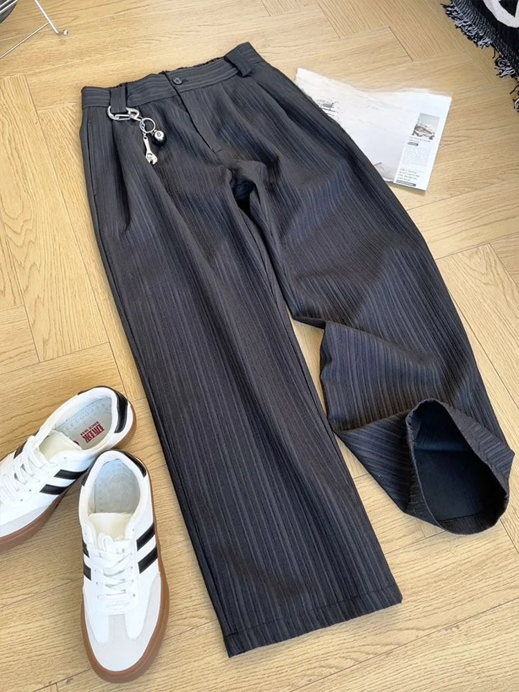 Black Slim Fit Trousers for Boys with Knife  Stripe Straight Leg Drapey Suit Loose Wide Leg Pants Casual Youth Style