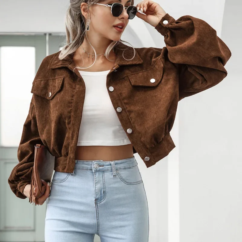 New Autumn Winter Jackets for Women Lantern Sleeve Tops Cropped Bomber Jacket Overcoat Outwear clothes Corduroy Coat 18047