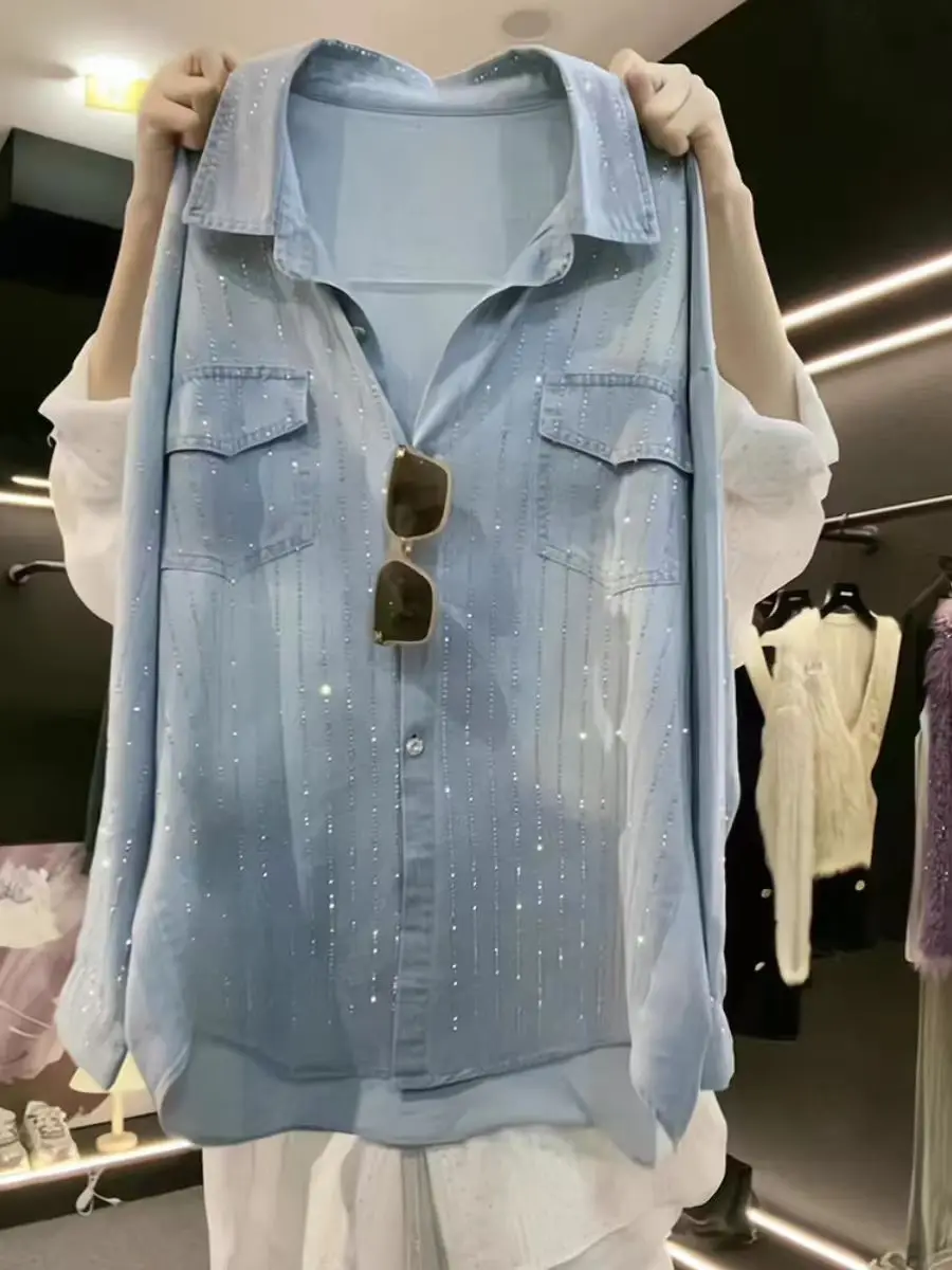 الفاخرة نمط Blingbling الترتر جيب الدنيم سترة بلايز للنساء المتضخم موضة الربيع قمصان جينز البلوزات #5