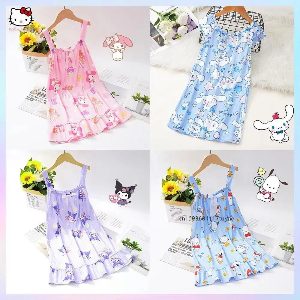 

Cartoon Girl's Nightdress Melody Sanrios Kawaii Anime Kuromi Cinnamoroll Sling Pajamas Bathrobe Summer Dresses Kids Home Wear