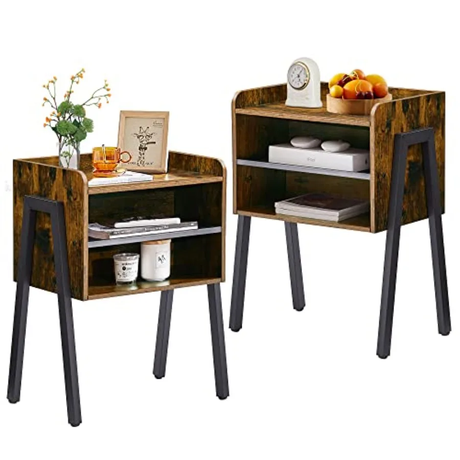 

Nightstand Set of 2Industrial End Table Bedside Table with 2-Tier Open Storage Shelves Wood Side Table with Metal Frame for Bed