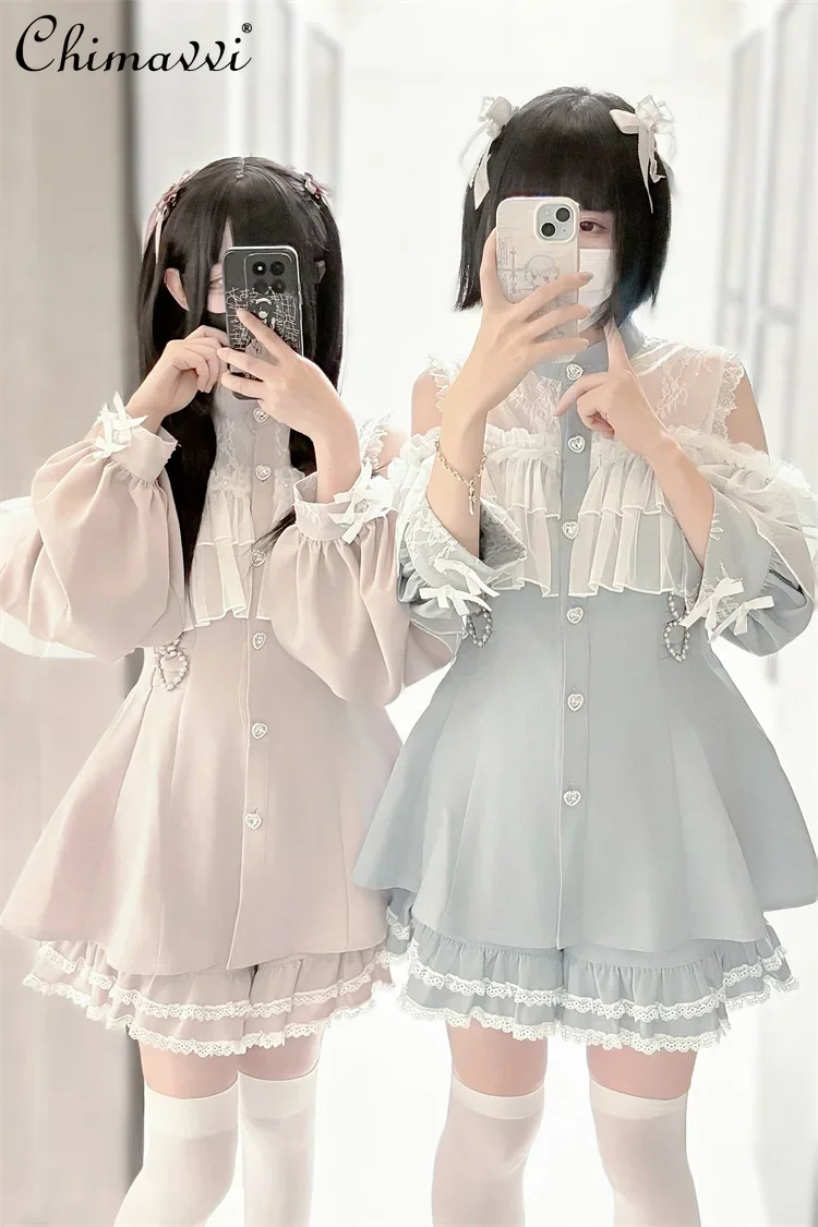 

Mine Series Mass-produced Japanese New Cover Yarn Sweet Girl Off-the-shoulder Cape Long-sleeved Dress Shorts 2-piece Lolita Sets