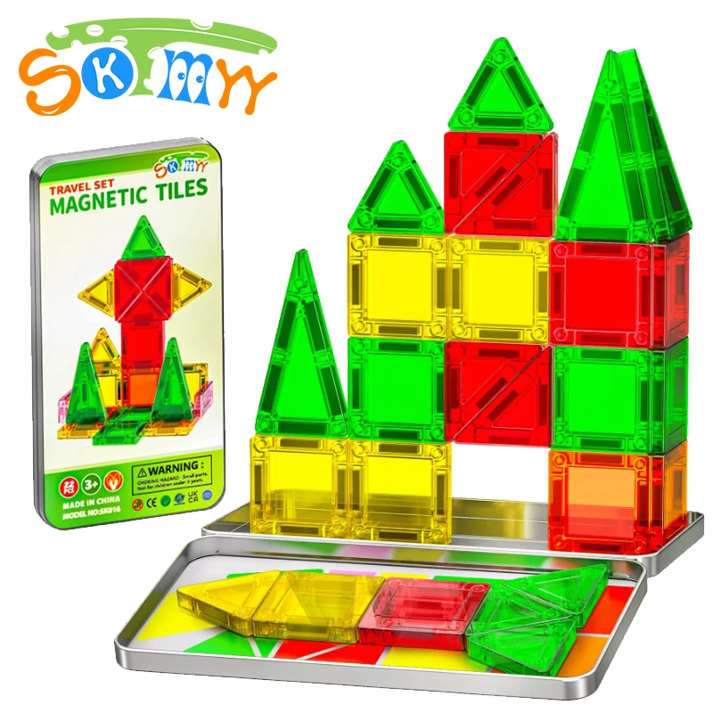 Mini Magnetic Tiles Travel Magnetic Tiles with Iron Box Car Airplane Travel Essentials Creative STEM Toys for Kids Birthday Gift