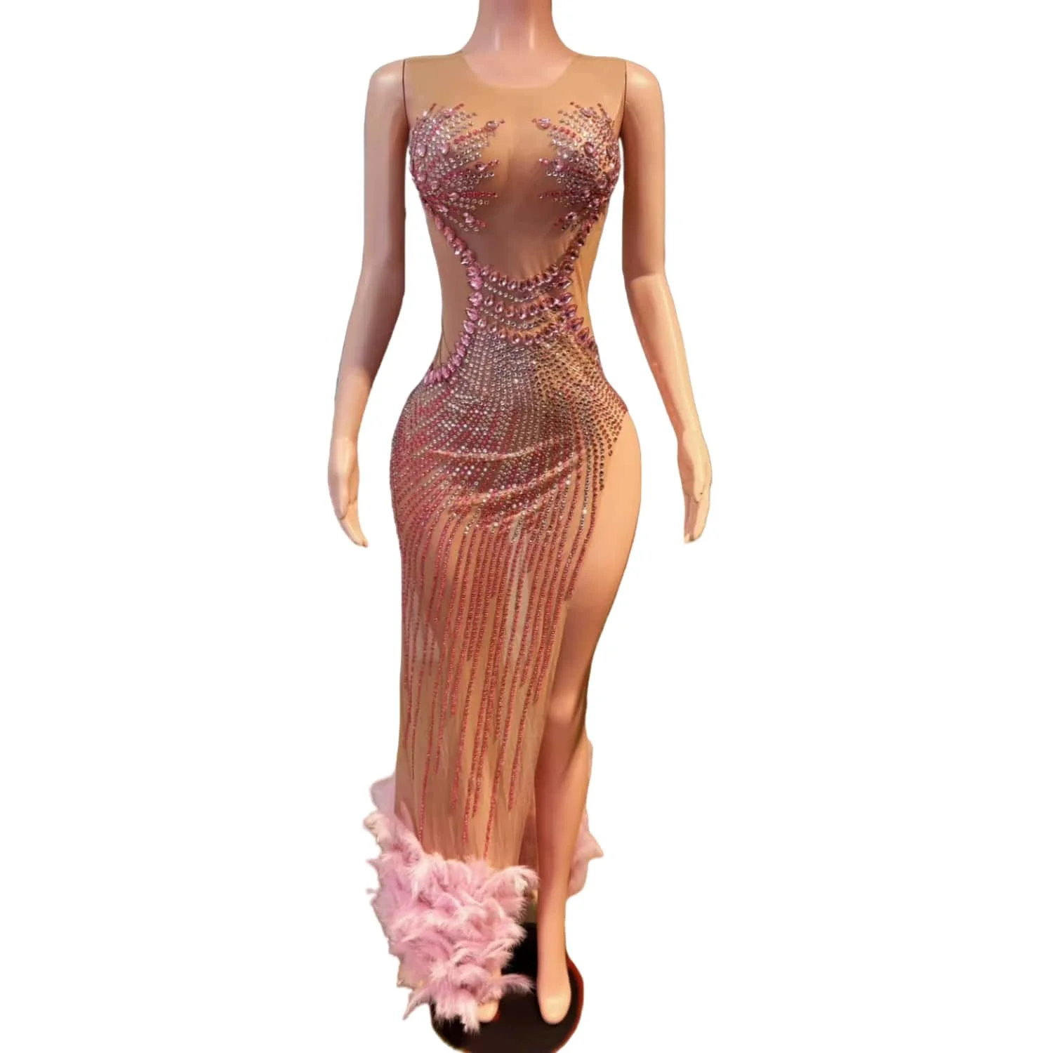 Xiaguang Elegant Women Evening Gown Sexy Perspective Mesh Splicing Feather Slit Long Skirt Birthday Cocktail Wedding Prom Dress