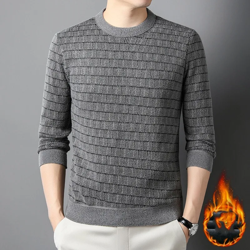 

Autumn and Winter Men's Pullover Round Neck Solid Screw Thread Checkered Plush Thickened Sweater Knitted Underlay Fashion Tops