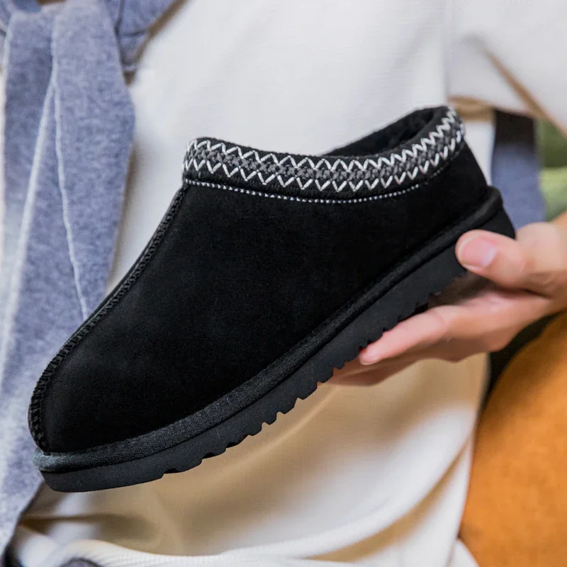 New Fashion Fluffy Platform Slippers for Women Genuine Leather Winter Plush Warm Cotton Shoes Comfort Non Slip Unisex Snow Boots