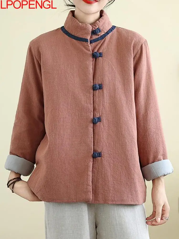 

Утепленная куртка из хлопка и льна в этническом стиле, новое женское зимнее корейское винтажное однобортное пальто с воротником-стойкой и длинными рукавами