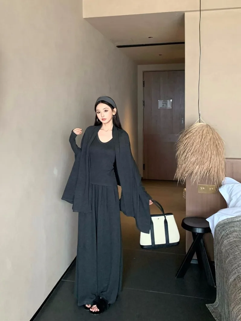 

Korean Style Lazy Fashion Shoulder Shawl Long Sleeve T-Shirt Women Winter Grey Set Casual Wide Leg Pants Three Piece Set