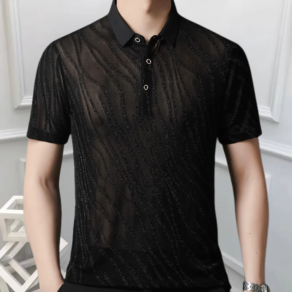 New Sexy Lace Polo Homme For Male Striped Jacquard Men Transparent Polo Shirt See Through Mesh Boss Polo Club Party Prom Chemise