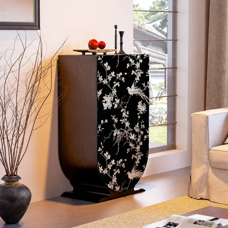 Chinese Style Solid Wood Chest Cabinet Living Room Storage Locker Household Dining Sideboard Porch Classic Flower and Bird
