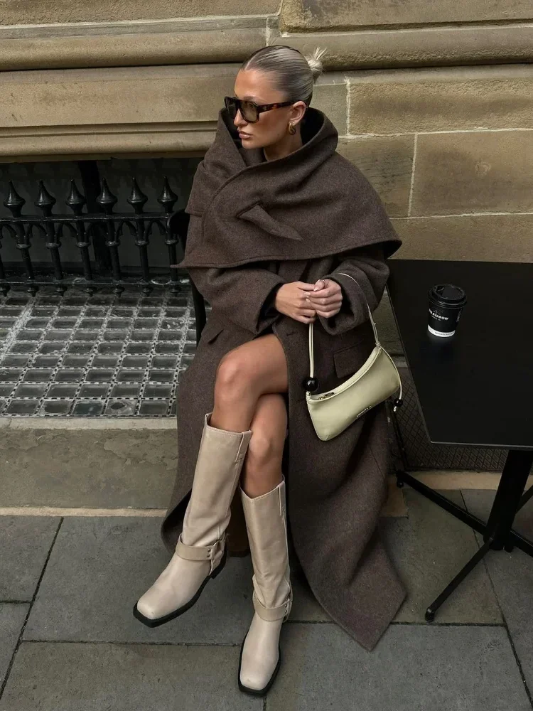 

Women Fashion Shoulder Pad Lapel Wool Long Coats Elegant Belt Single-breasted Long Sleeve Coat 2025 Autumn Lady Commuter Outwear