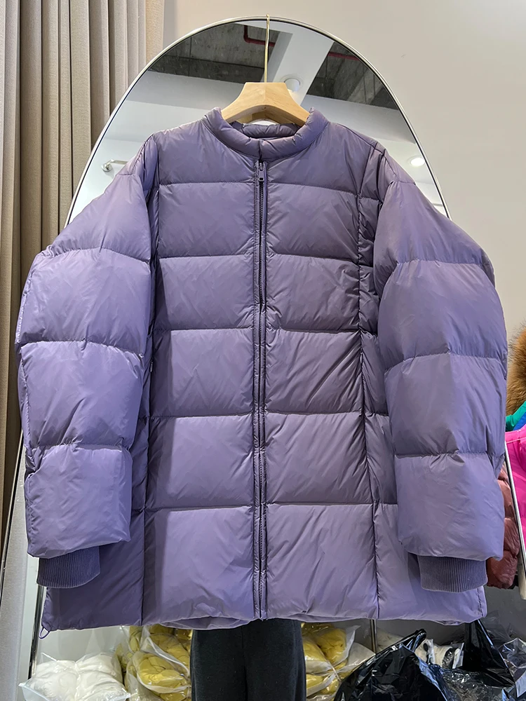 سترة نسائية ذات تصميم كوري متوسطة إلى طويلة ورقبة دائرية فضفاضة وسميكة وبسيطة #3