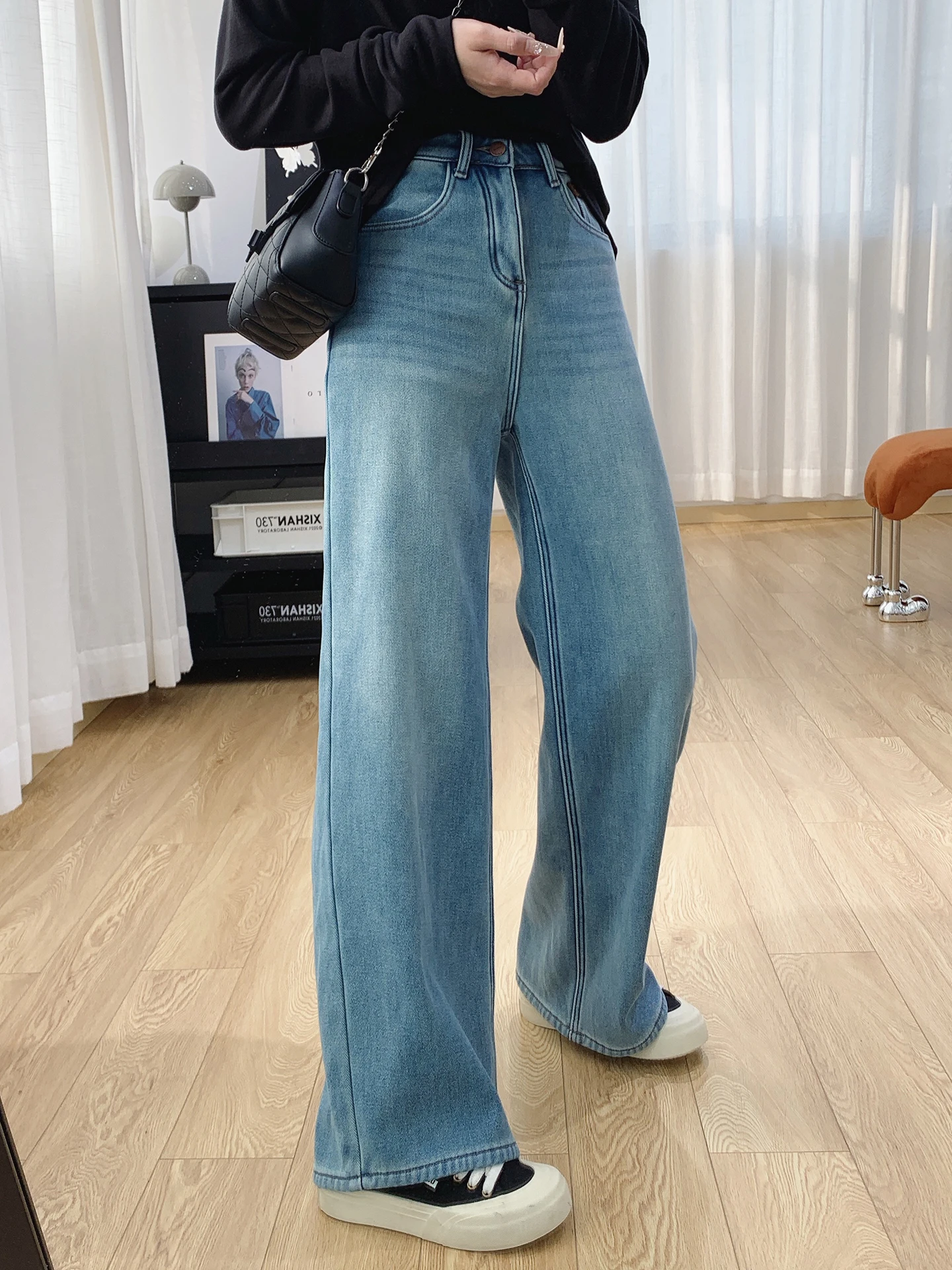 

Женские зимние джинсы больших размеров с высокой талией, утепленные флисом, широкие прямые брюки из денима, осенне-зимние, из смесового хлопка