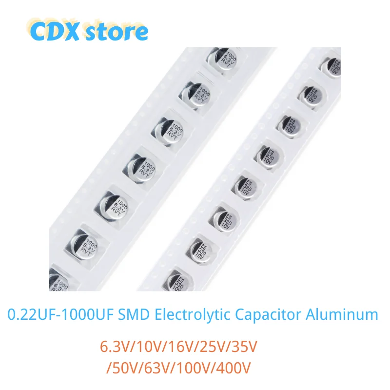 50 قطعة SMD مُكثَّف كهربائيًا الألومنيوم 6.3V 10V 16V 25V 35V 50V 63V 100V 400V 1 فائق التوهج 4.7 فائق التوهج 10 فائق التوهج 47 فائق التوهج 100 فائق التوهج 470 فائق التوهج 680 فائق التوهج 1000 فائق التوهج