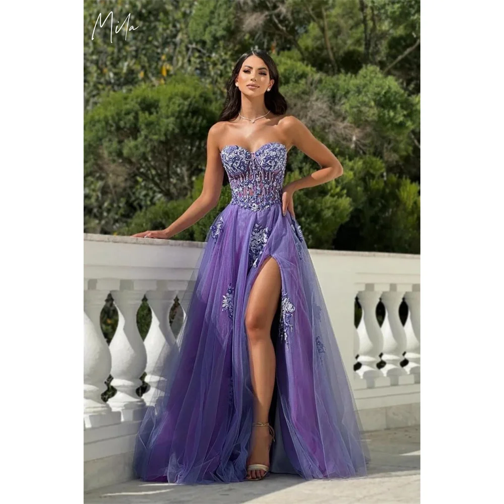 

Мила Фиолетовый Тюль Вышивка Пром Платья С Высоким Разрезом Без Бретелек Индивидуальные Вечерние Платья До Пола Vestidos de fiesta