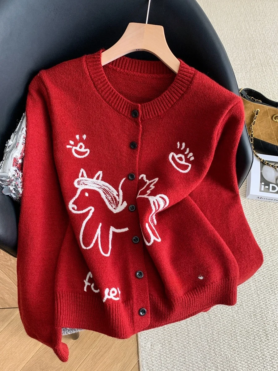 

Red Embroidered Knitted Open Cardigan Women's Top High Waist Sle Long Sve round Neline Silk Fabric for 25-29 Years Old