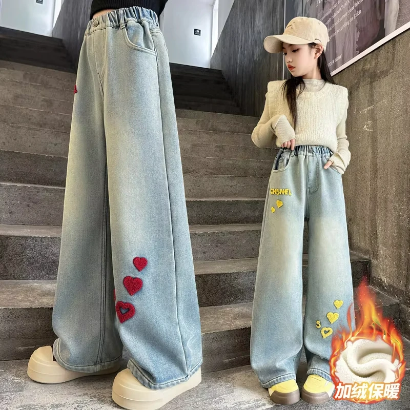 Kids Winter Warm Jeans Children Loose Straight Wide Leg Denim Pants Towels Embroidered with Hearts Girls Thick Thermal Trousers