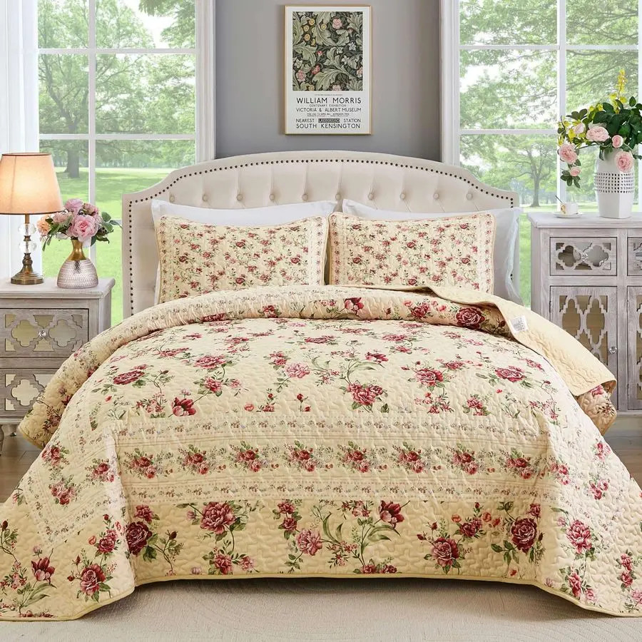 

Beige Quilt Set Queen Size, 3PCs Antique Rose Beige Bedspread Coverlet Set, Lightweight Soft Microfiber Floral Quilt Set with 2
