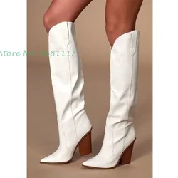 White Leather Knee High Boots High Heels Chic Pointy Toe Slip On Long Boots Wood Heels Fashion Women British Style Spring Boots
