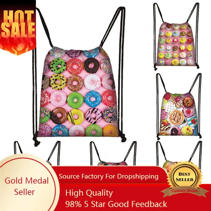 Lovely Donut Rainbow Drawstring Bag Cute Girls Candy Backpack Kids Kindergarten School Bag Casual Bagpack Vintage Bags for Kids