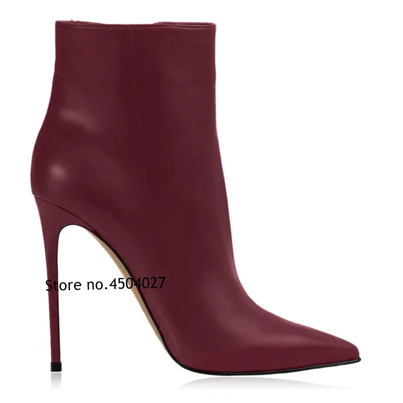 

Fashion Wine Red Pointed Toe Stiletto Heel Short Boots Zipped Thin High Heel Pumps Ankle Booties Women's Banquet Party Shoes