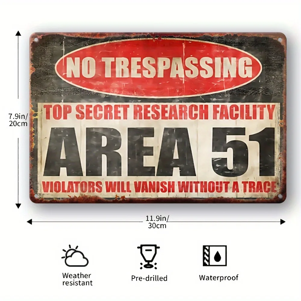1pc 2D Flat Area 51 No Entry Metal Sign 20x30cm Funny Man Cave Alien Decor