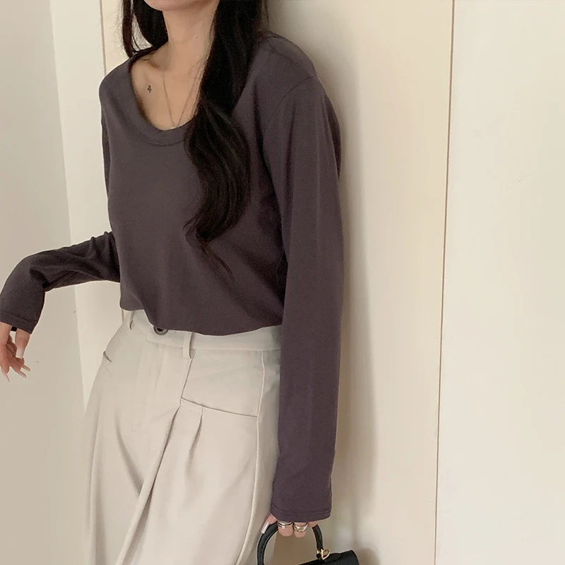 

Spring Korean Style Simple Gray Round Neck Long Sleeve Base Layer T-Shirt Regular Top