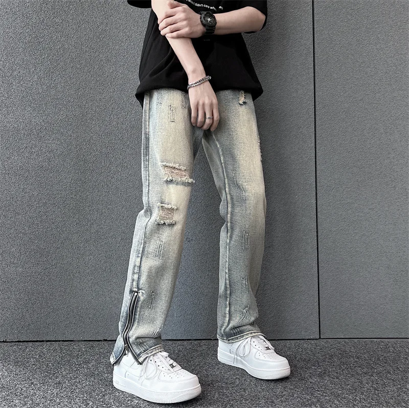 Y2k Open Zipper Baggy Jeans For Men Loose Straight Wide Leg Distressed Loose Floor Length Denim Pants