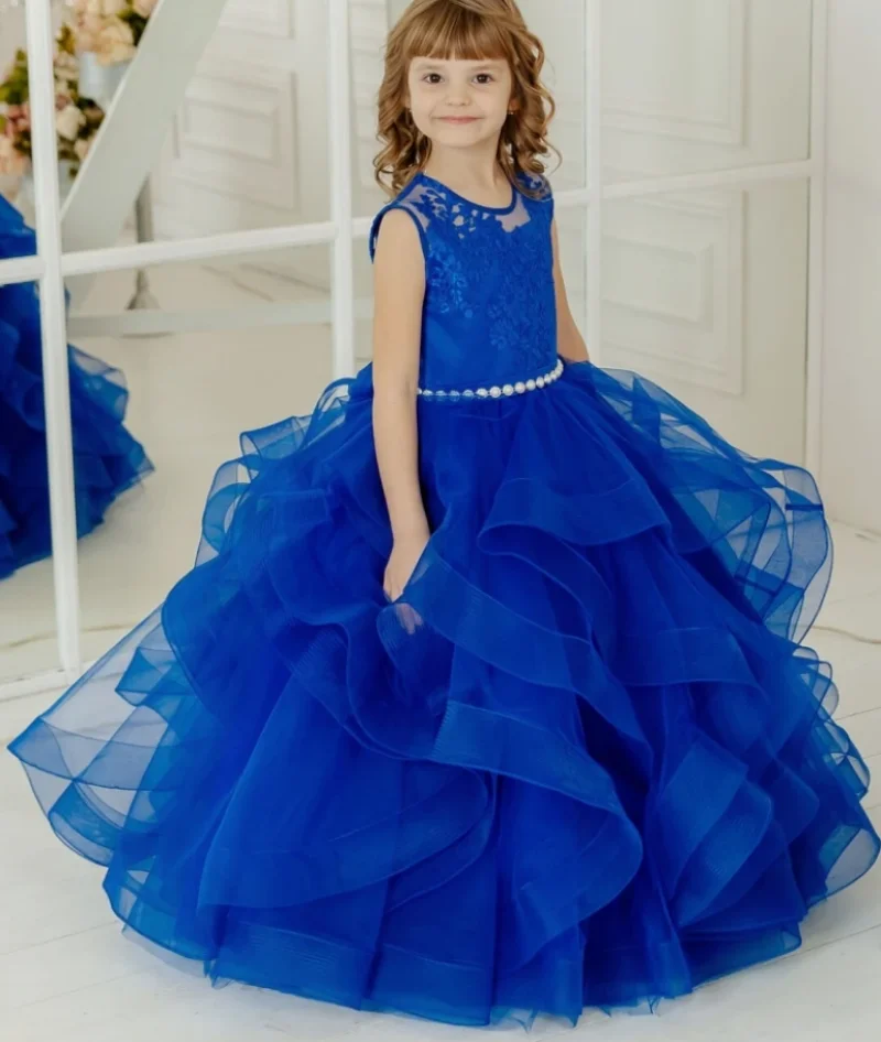 

Royal Blue Flower Girl Dresses for Wedding Fluffy Organza Scoop Neck Princess Children Ball Gown First Communion Dresses