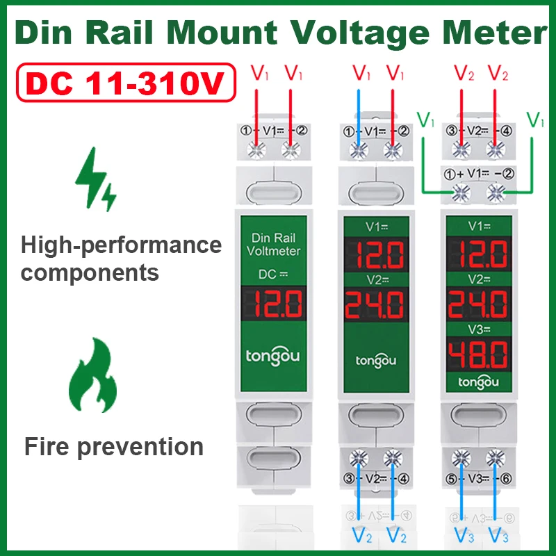 Single/ Dual/ Triple Ways Din Rail Mount Voltage Meter DC 11-310V High Precision Cold and Heat Resistant Mini Modular Voltmeter