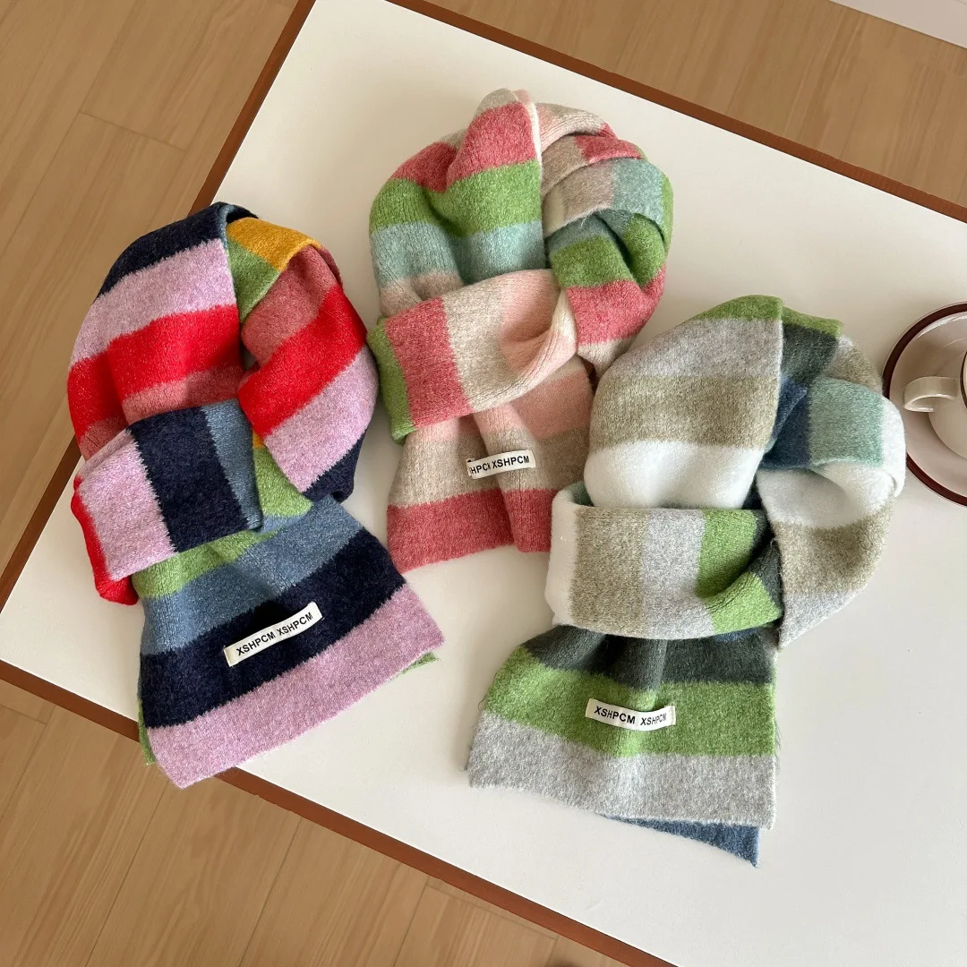 

Scarf Rainbow Wool Knitted Scarf Winter Korean Style Color Blocks And Stripes Short Scarf Students Warm Sweet Instagram Style