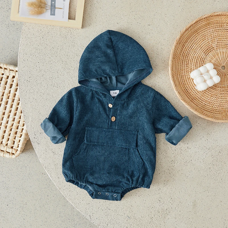 Suefunskry Baby Boys Girls Corduroy Romper Solid Color Hooded Long Sleeve Buttons Infant Bodysuit Fall Toddler Clothes 0-18M