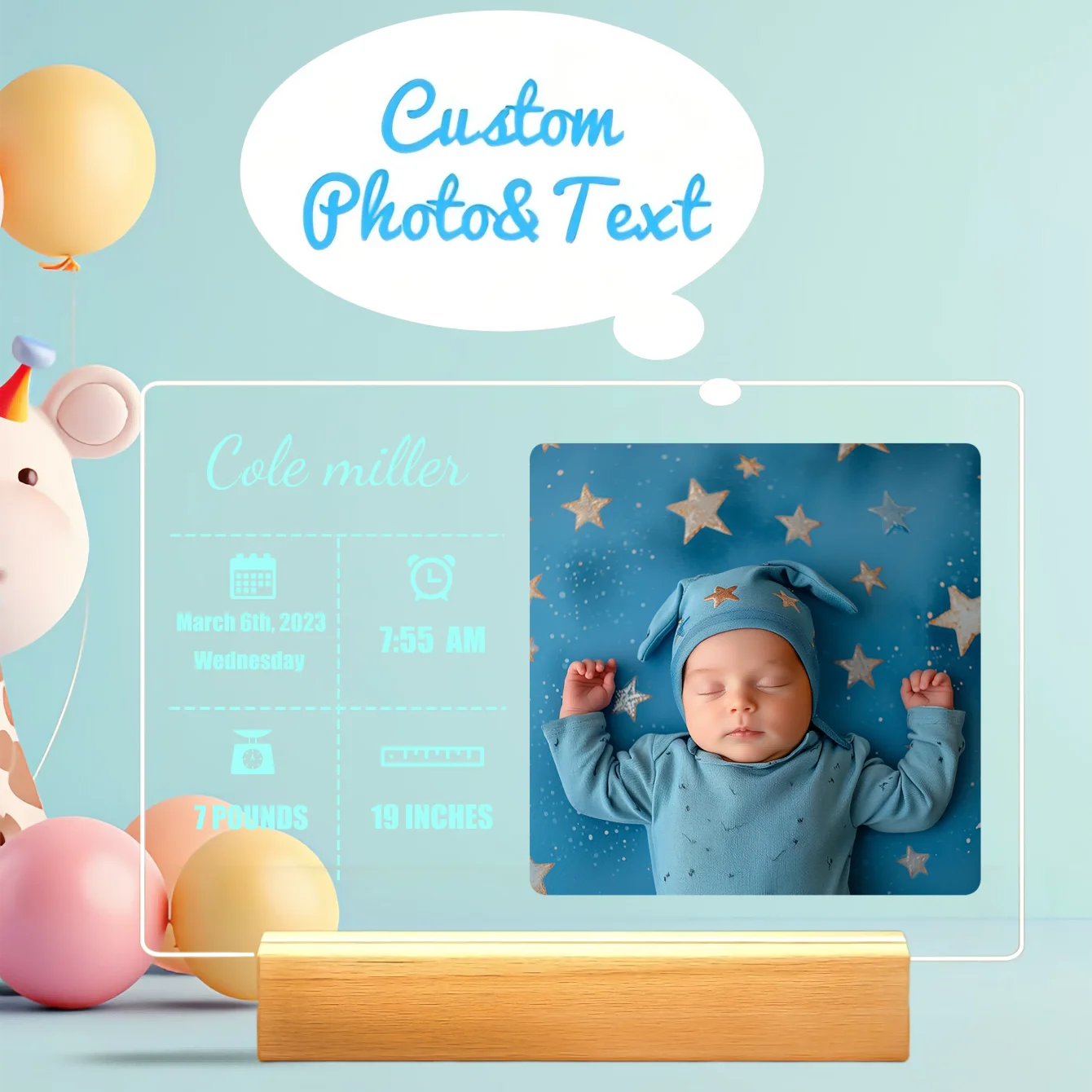 1PC Customized Baby Collage Photo LED Night Light, Personalized Acrylic Night Light With Photos And Text, Custom